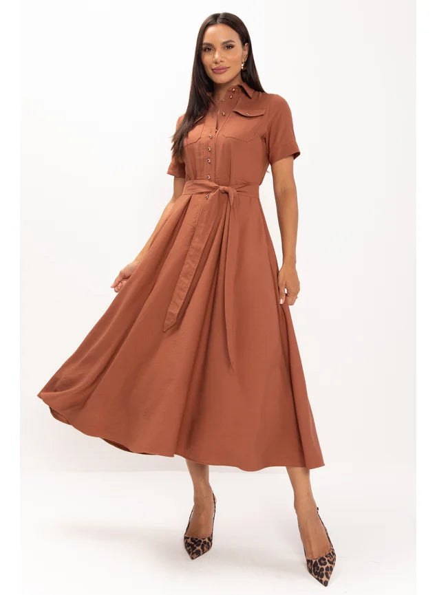 Vestido Maxi Midi de Alfaiataria Caramelo Samanta